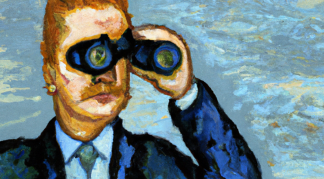 A visionary entrepreneur looks through binoculars, painting