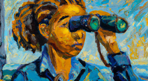 A visionary entrepreneur looks through her binoculars